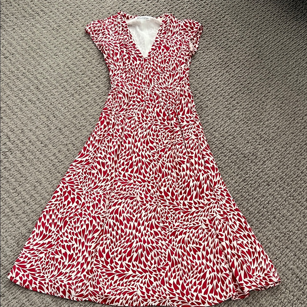 Reformation Red and White Leaf Print Midi Dress